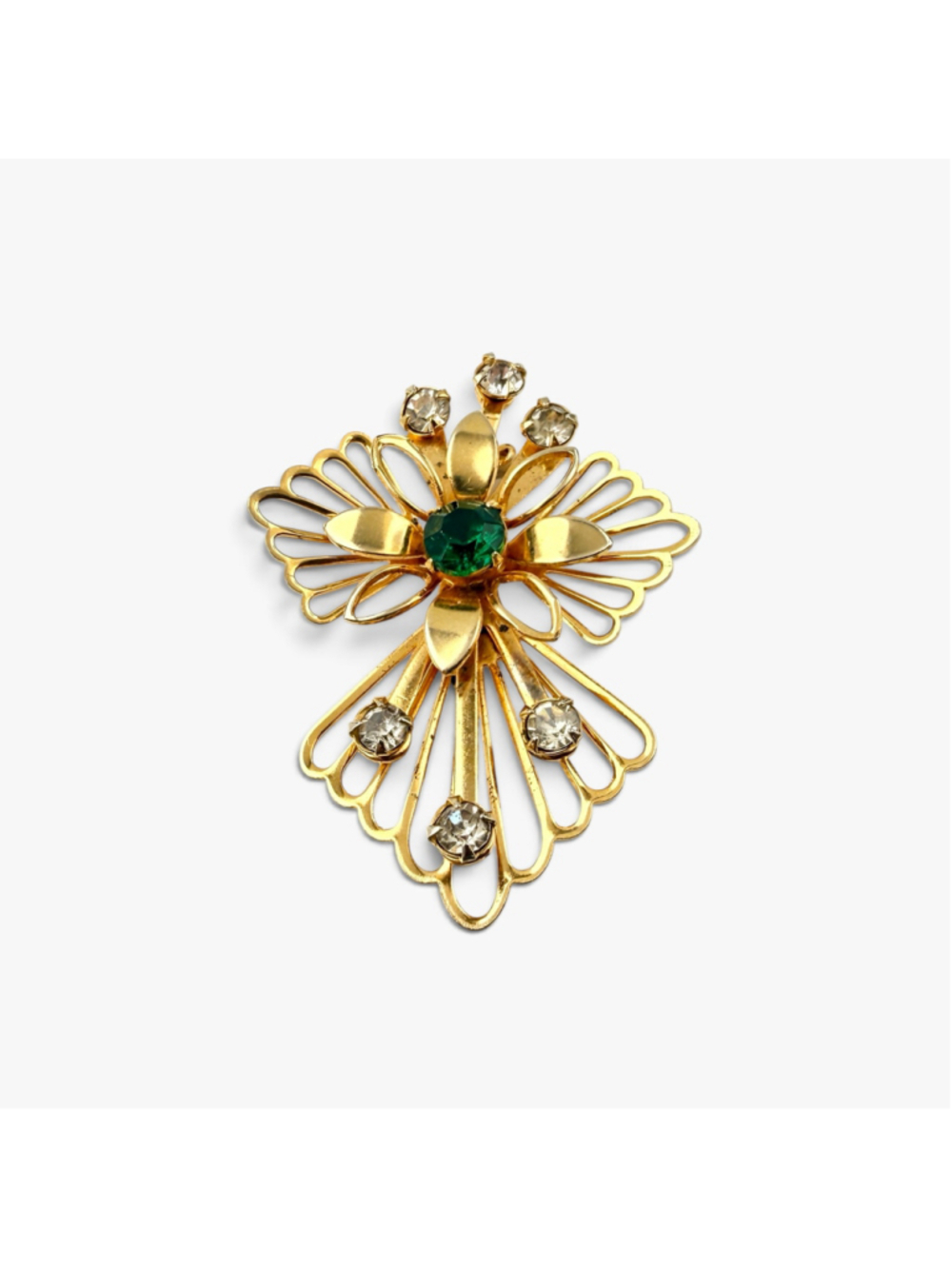 1940s Floral Brooch, Green Glass Center, Gold Tone Rhinestone Pin Vintage Flower